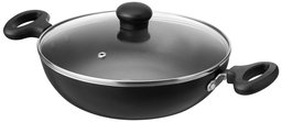 Marca Amazon - Solimo Kadai Antiadherente con Tapa de Vidrio, 24 cm (Compatible con Inducción y Gas), Negro