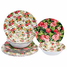 AmazonBasics - Vajilla de melamina de 12 piezas - Servicio para 4, Red Rose Garden