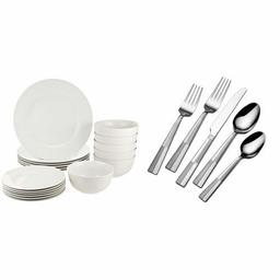 AmazonBasics – Vajilla de 18 piezas, Servicio Para 6 y plata Arabesque Frost 18/0 acero inoxidable – Vajilla, 20 piezas,